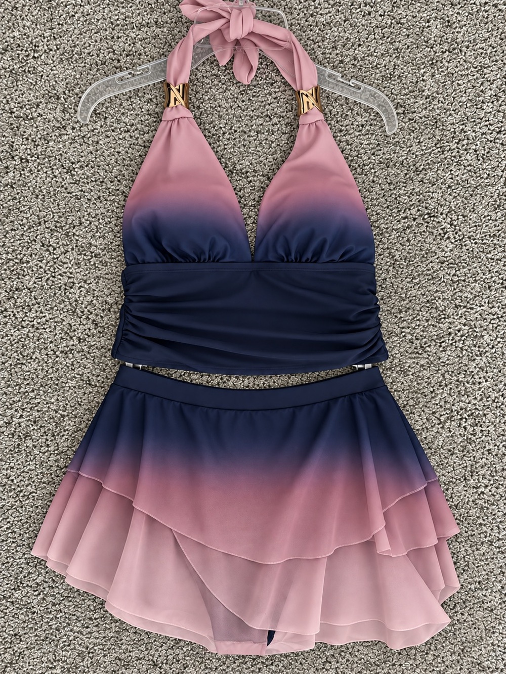 Pink to Navy Ombre Halter Swim Set with Skirt